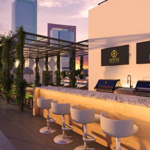 rendering of rooftop bar, grills and lounge.