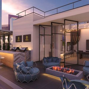 Rooftop bar, grills, and lounge area